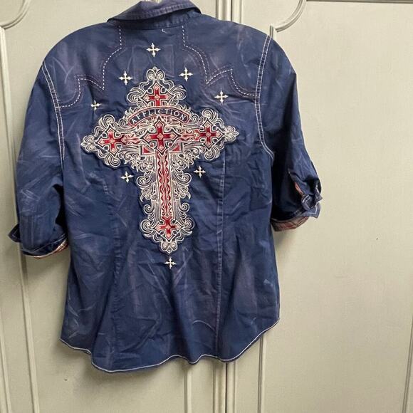 Affliction Black Premium Size Large Crystal Snap Embroidered Cross Shirt - Picture 2 of 9